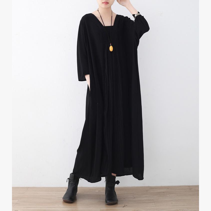 Unique Square Collar wrinkled chiffon dresses plus size Sleeve black Vestidos De Lino Dresses - Omychic