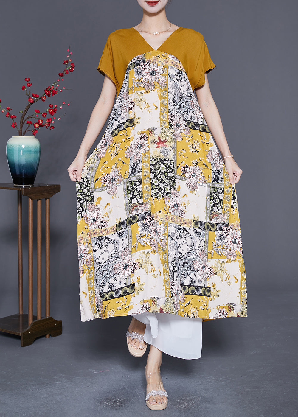 Unique Yellow V Neck Patchwork Print Chiffon A Line Dress Summer