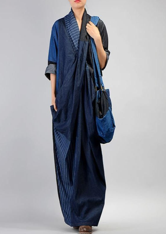 Unique v neck linen patchwork Robes Neckline denim blue Dresses - Omychic