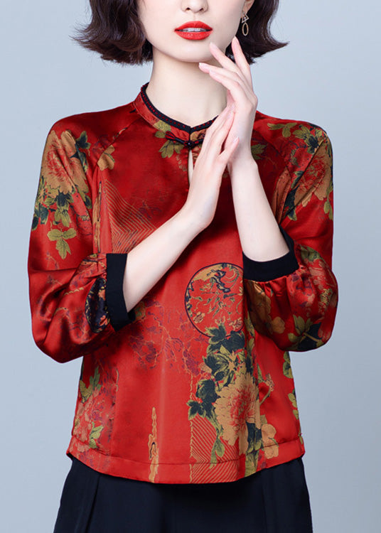 Vintag Red Stand Collar Print Button Silk Top Spring