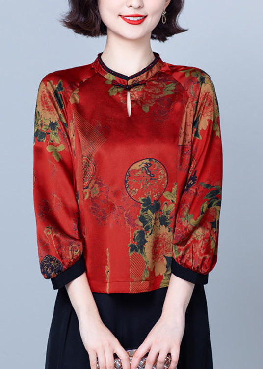 Vintag Red Stand Collar Print Button Silk Top Spring