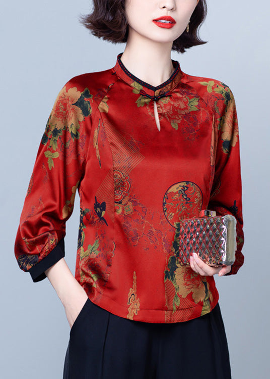 Vintag Red Stand Collar Print Button Silk Top Spring