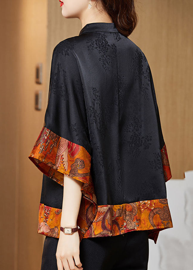Vintage Black Mandarin Collar Asymmetrical Patchwork Jacquard Silk Shirts Batwing Sleeve