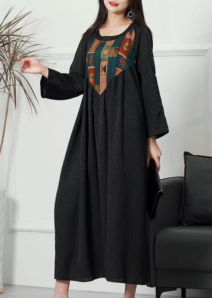 Vintage Black O Neck Print Wrinkled Silk Dresses Spring