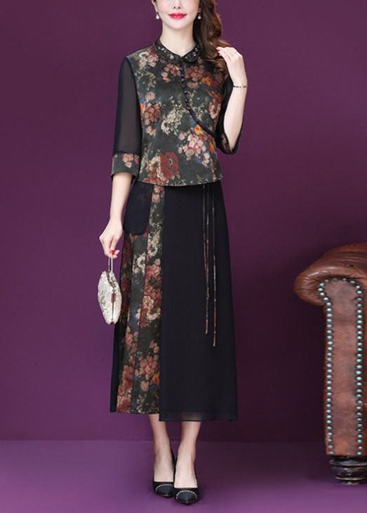 Vintage Black Stand Collar Print Silk Two Piece Set Women Clothing Spring