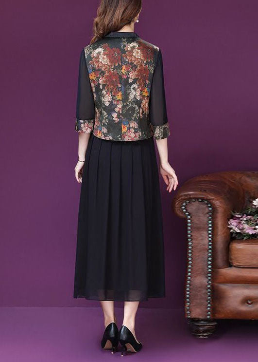 Vintage Black Stand Collar Print Silk Two Piece Set Women Clothing Spring