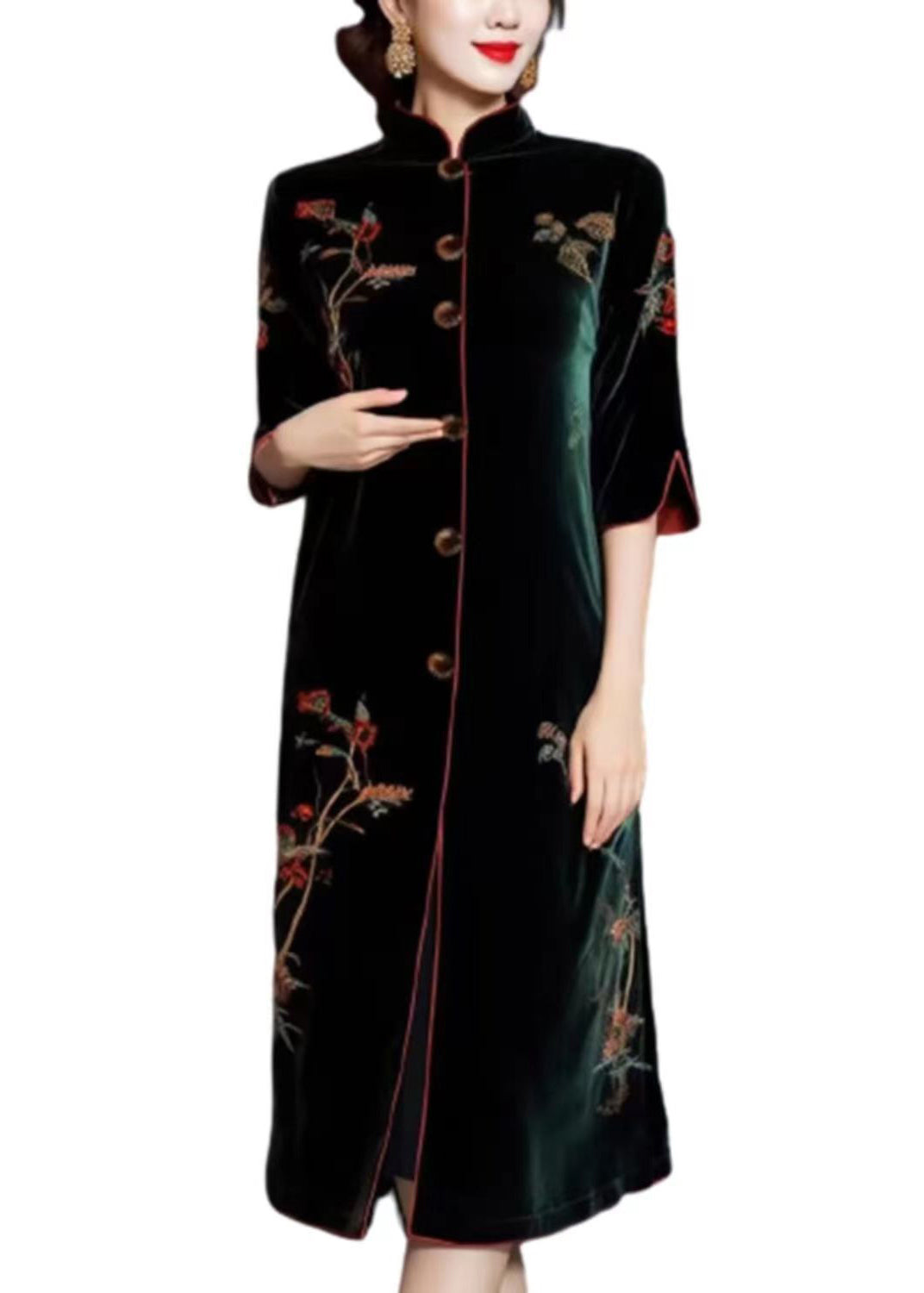 Vintage Blackish Green Embroideried Button Silk Velour Dress Long Sleeve