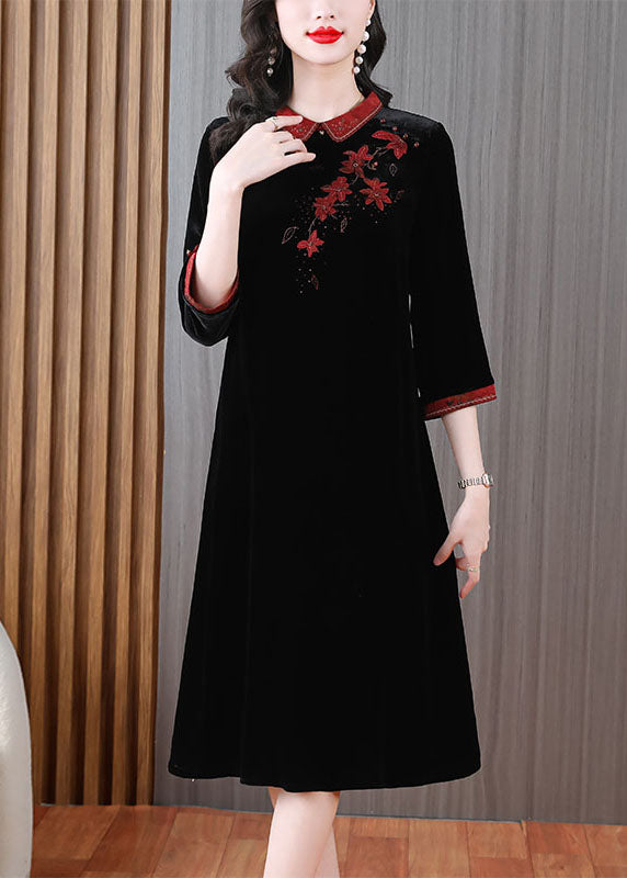 Vintage Red Peter Pan Collar Embroideried Silk Velour Long Dress Long Sleeve