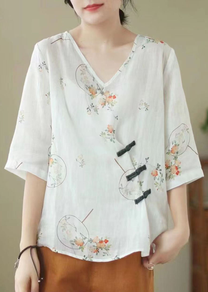 Vintage Grey V Neck Print Chinese Button Patchwork Linen Blouse Top Summer