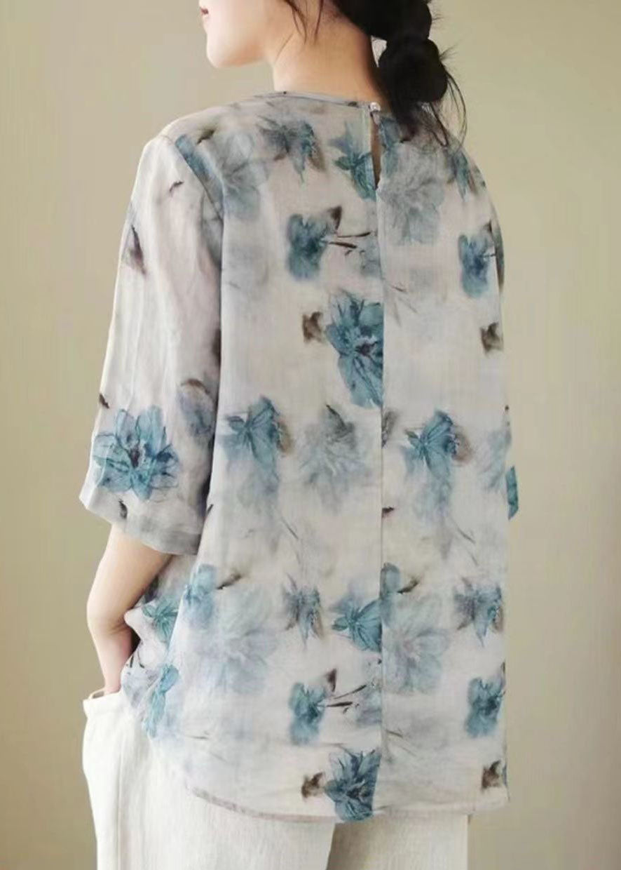Vintage Grey V Neck Print Chinese Button Patchwork Linen Blouse Top Summer