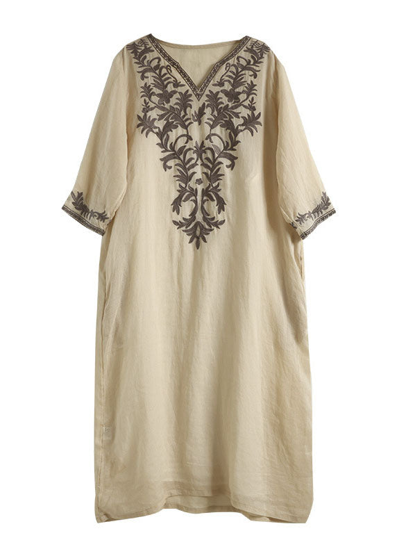 Vintage Khaki V Neck Embroideried Patchwork Linen Dress Summer