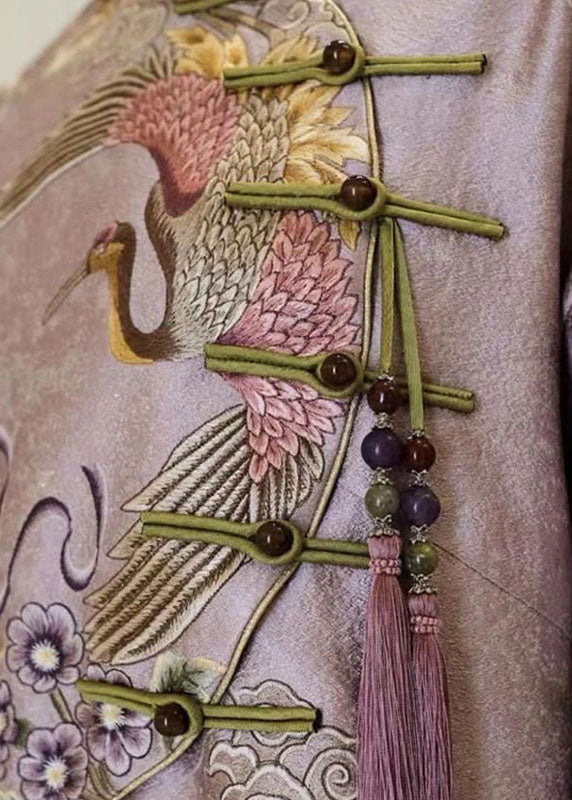 Vintage Pink Stand Collar Embroidered Button Silk Cotton Maxi Dresses Fall