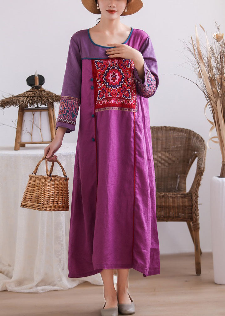 Vintage Purple Embroideried Chinese Button Patchwork Linen Long Dresses Summer