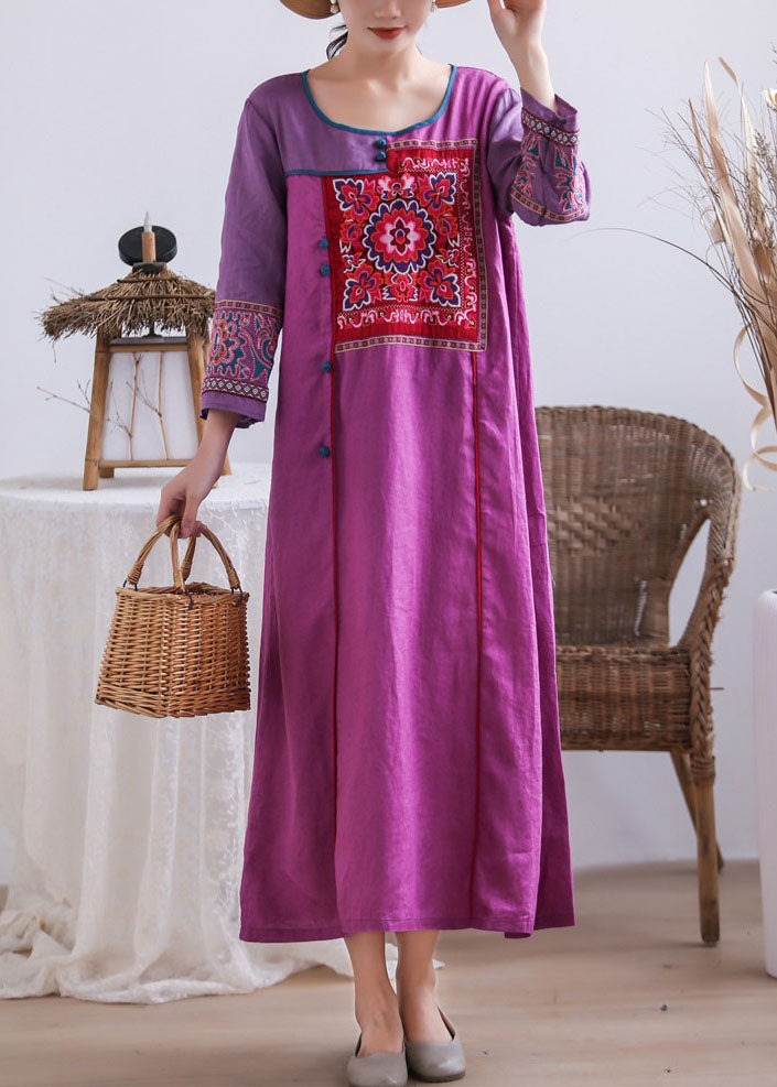 Vintage Purple Embroideried Chinese Button Patchwork Linen Long Dresses Summer