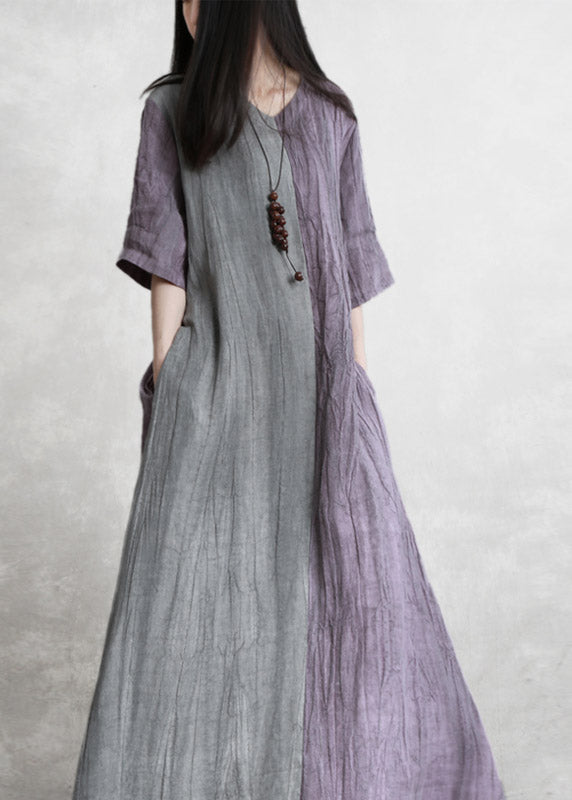 Vintage Purple Grey Patchwork V Neck  Pockets wrinkled Tie Waist Linen Dress Half Sleeve