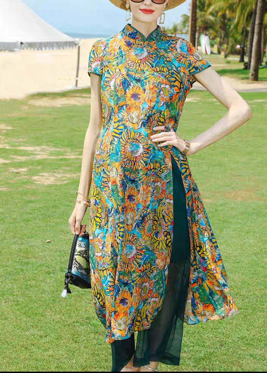 Vintage Stand Collar Print Draping Silk Long Shirts And Wide Leg Pants Two Piece Set Summer