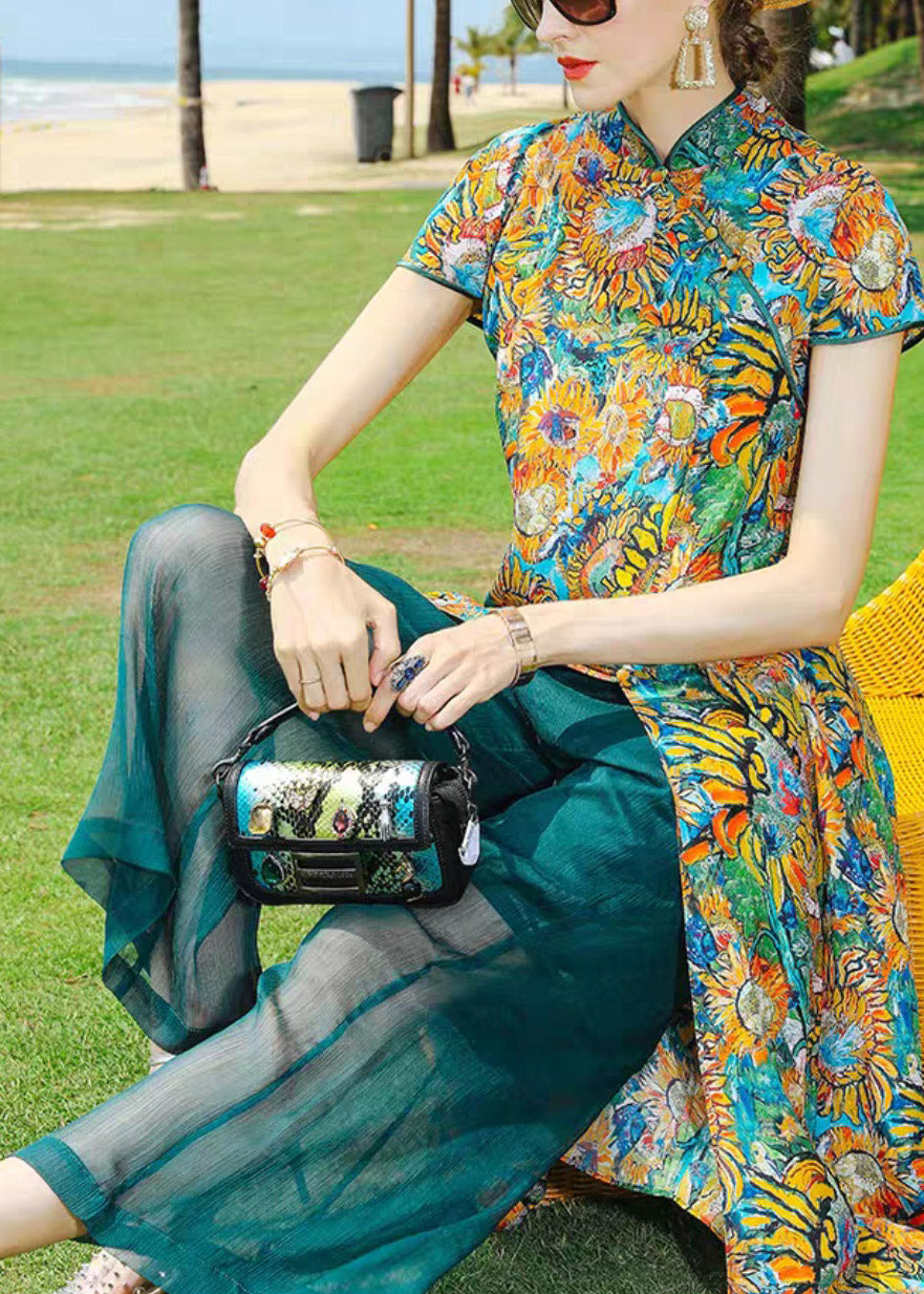 Vintage Stand Collar Print Draping Silk Long Shirts And Wide Leg Pants Two Piece Set Summer