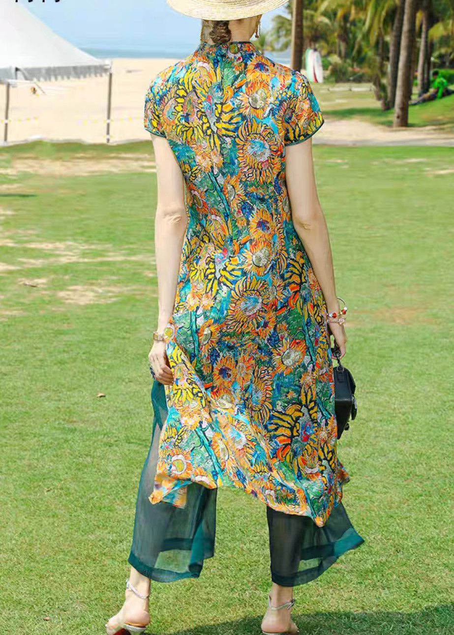 Vintage Stand Collar Print Draping Silk Long Shirts And Wide Leg Pants Two Piece Set Summer
