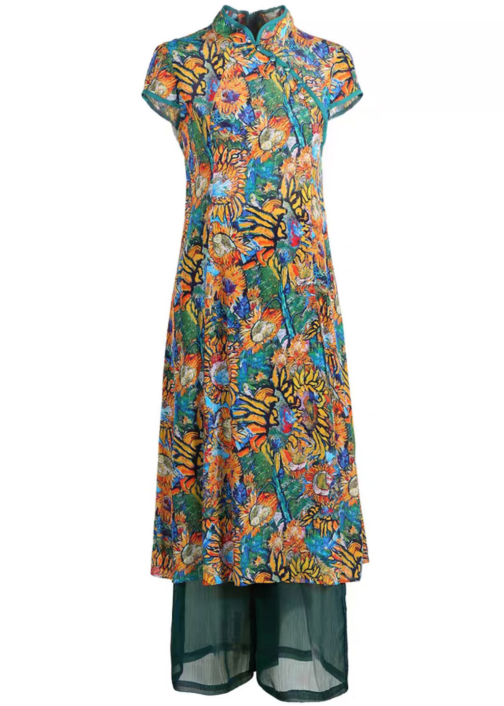 Vintage Stand Collar Print Draping Silk Long Shirts And Wide Leg Pants Two Piece Set Summer
