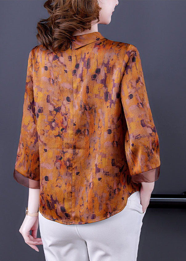 Vintage Yellow Stand Collar Zippered Print Silk Shirts Bracelet Sleeve