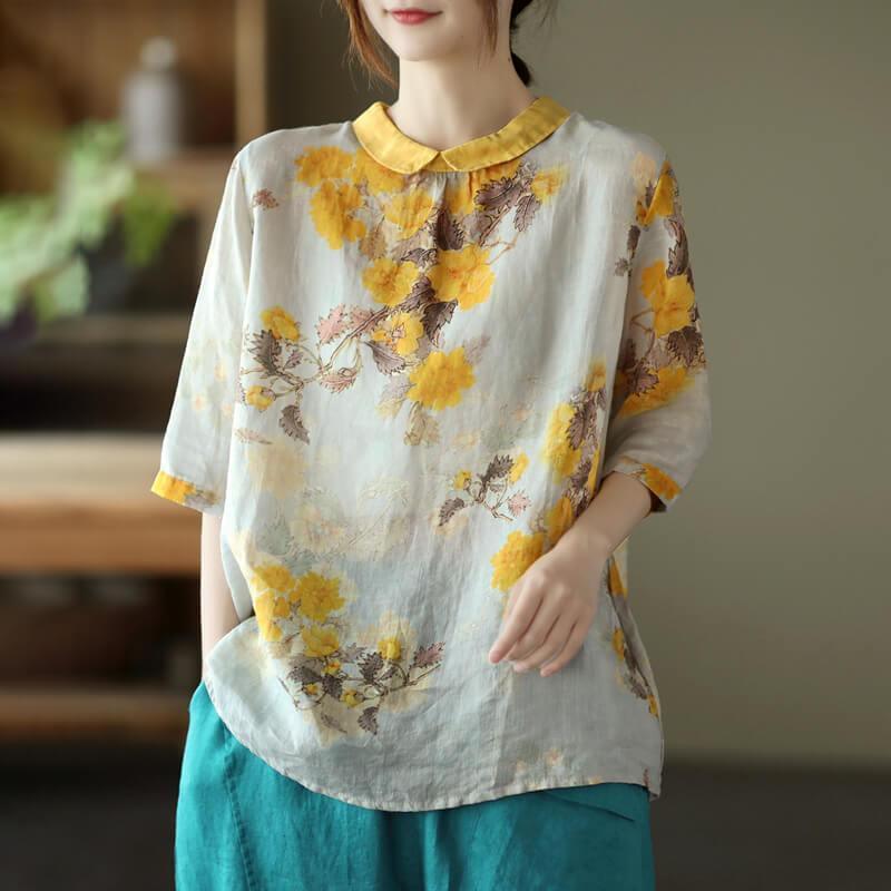 Vintage Linen Women Casual Floral Print Breasted Shirt - Omychic
