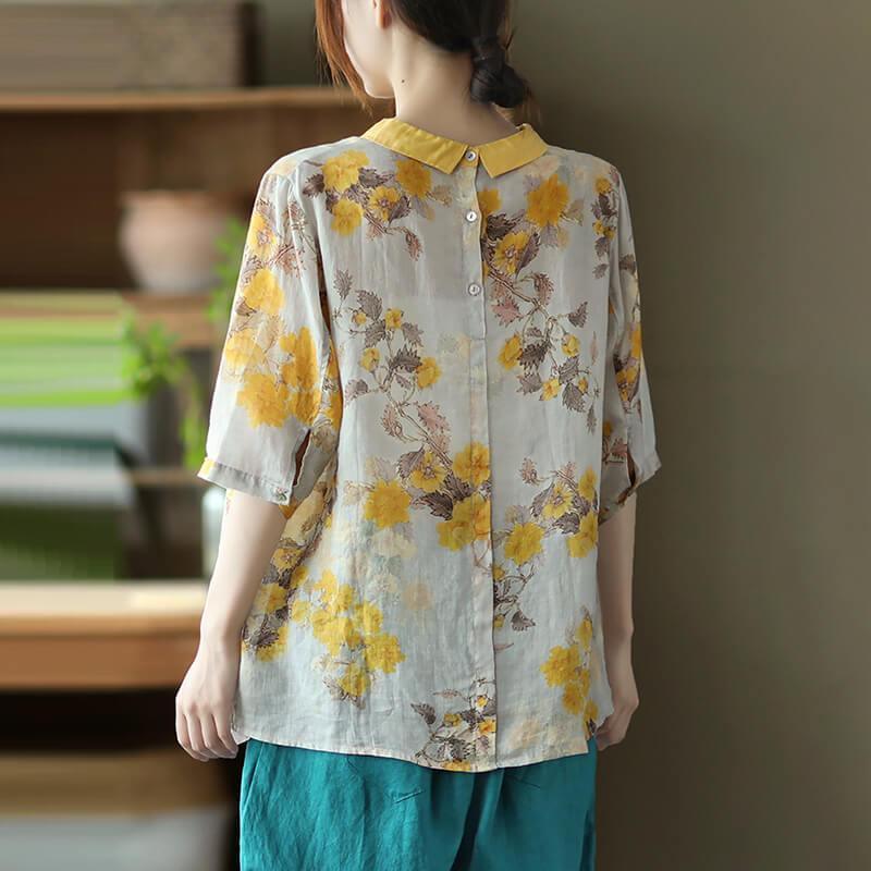 Vintage Linen Women Casual Floral Print Breasted Shirt - Omychic