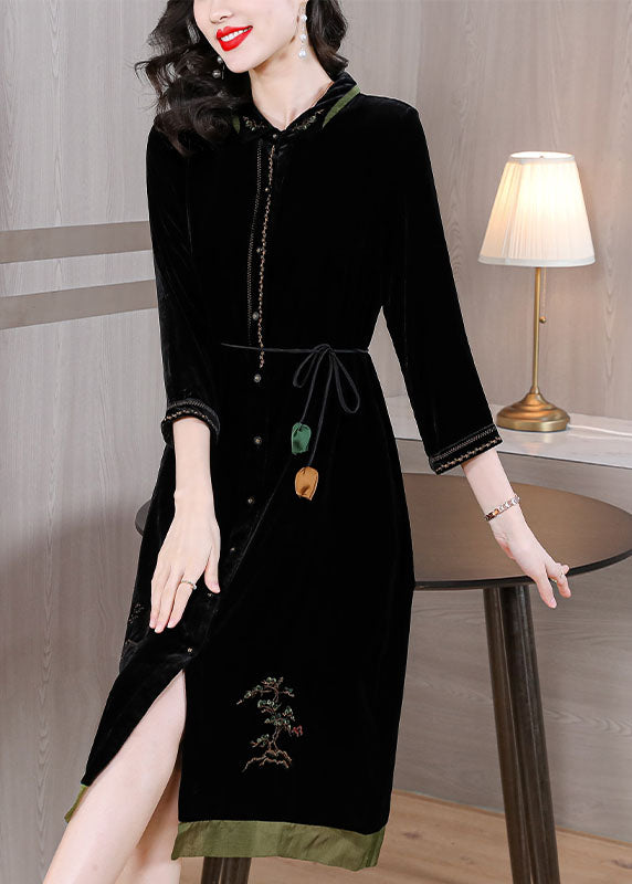 Vogue Black Peter Pan Collar Embroideried Tie Waist Silk Velour Vacation Dresses Fall