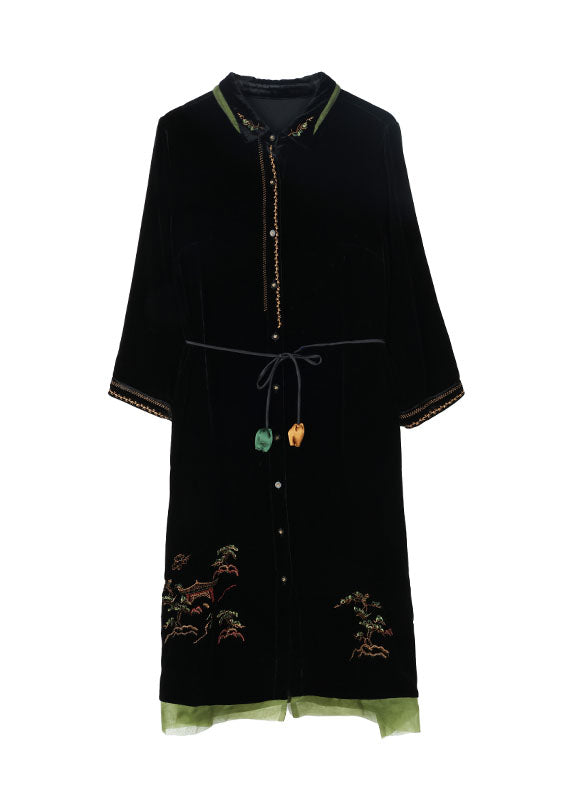 Vogue Black Peter Pan Collar Embroideried Tie Waist Silk Velour Vacation Dresses Fall