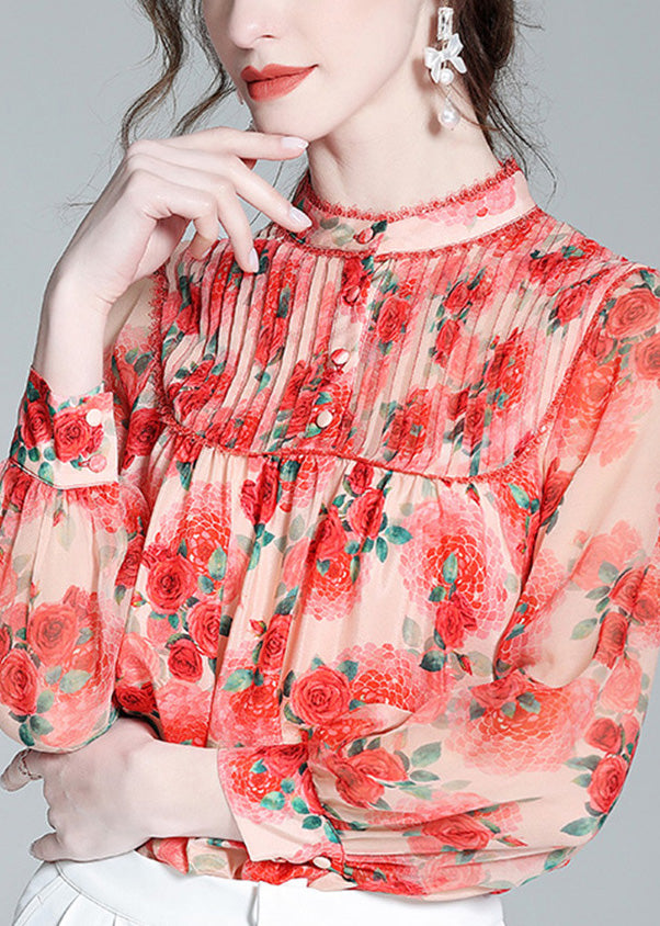 Vogue Red Stand Collar Print Patchwork Silk Shirt Long Sleeve