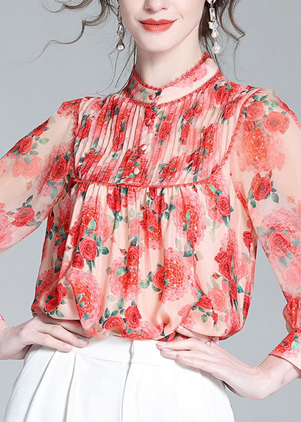 Vogue Red Stand Collar Print Patchwork Silk Shirt Long Sleeve