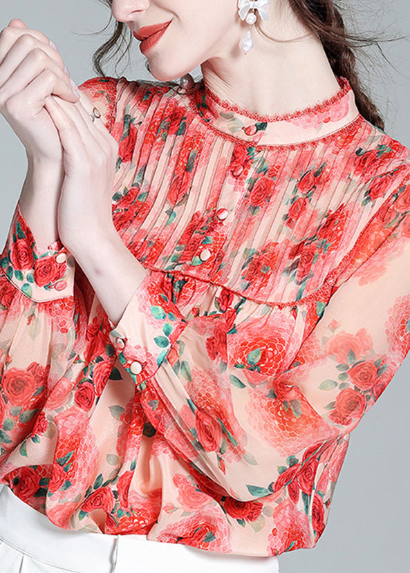 Vogue Red Stand Collar Print Patchwork Silk Shirt Long Sleeve