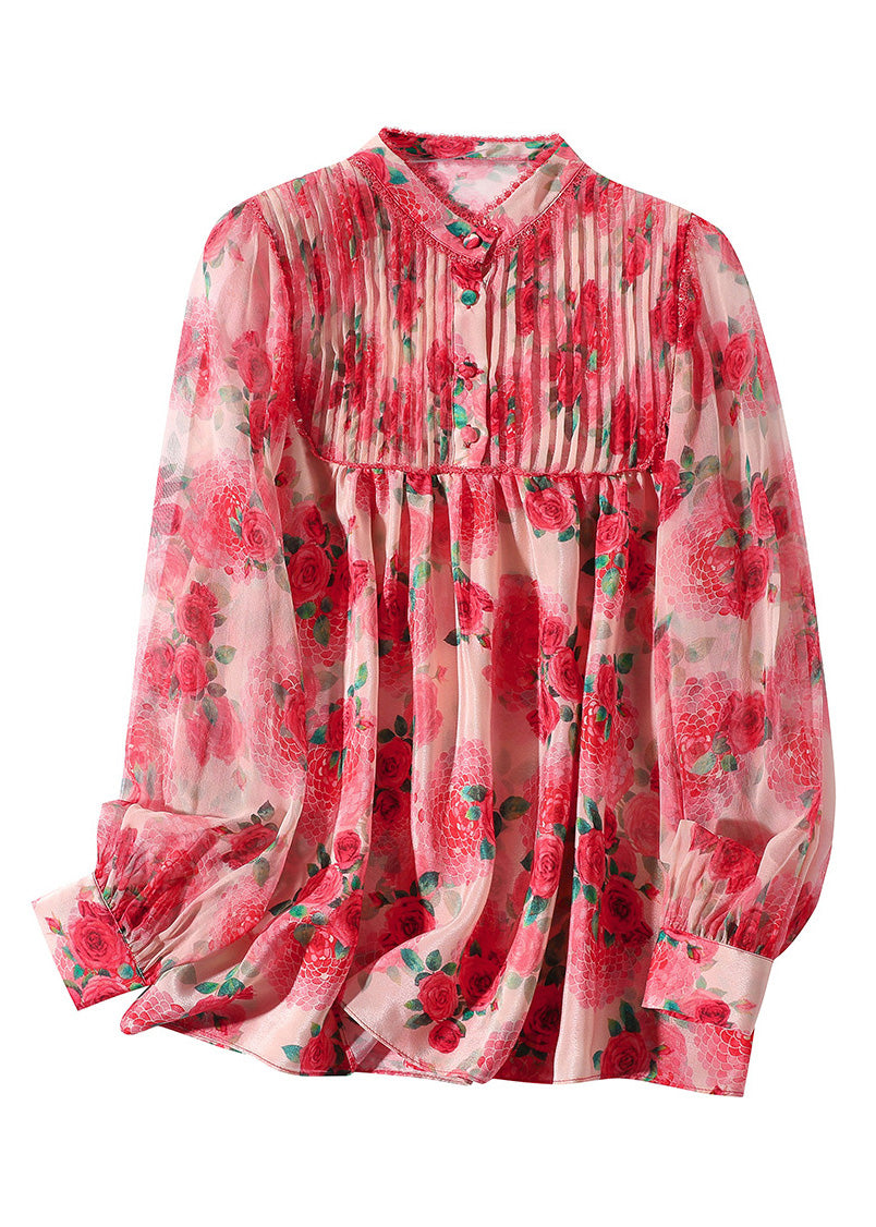 Vogue Red Stand Collar Print Patchwork Silk Shirt Long Sleeve