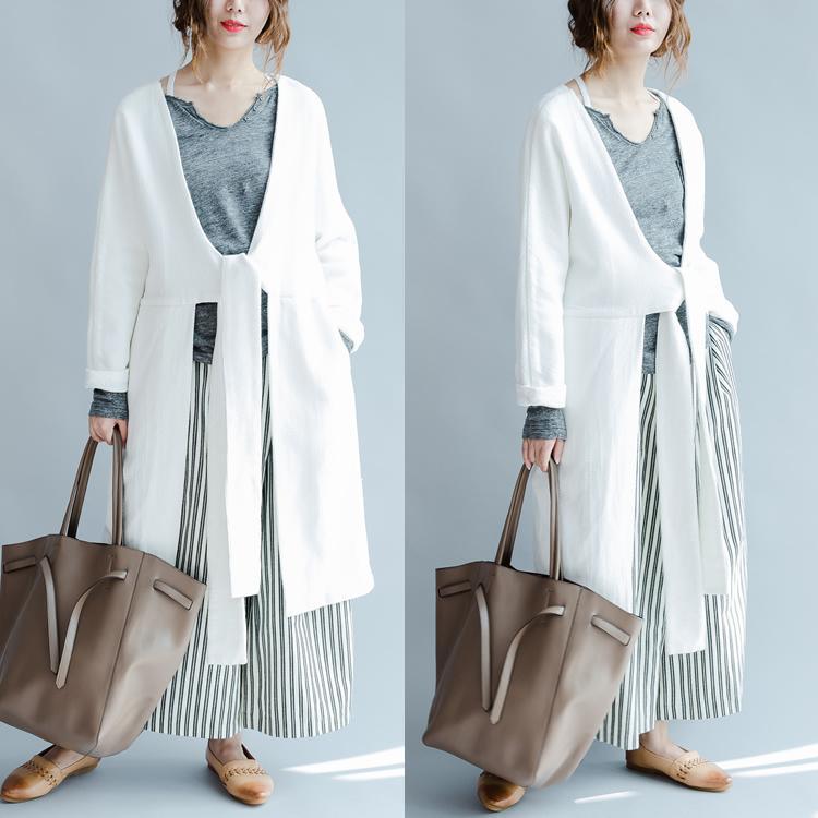 White V neck cardigan long knit sweater coats womens knitwear  design - Omychic