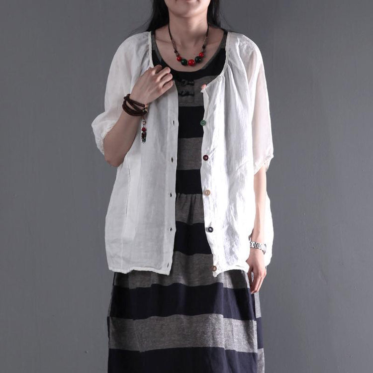 White plus size linen coat women short blouse top shirt print at back - Omychic