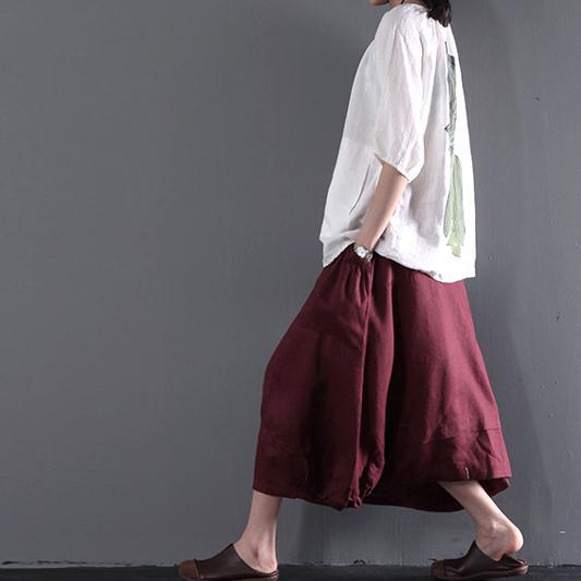 White plus size linen coat women short blouse top shirt print at back - Omychic