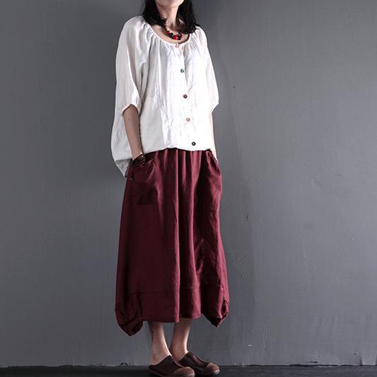 White plus size linen coat women short blouse top shirt print at back - Omychic