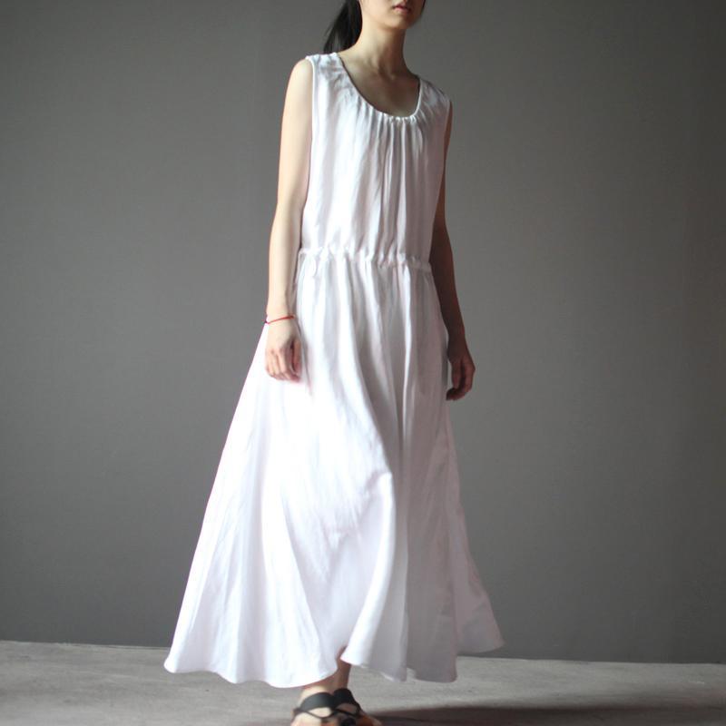 White summer linen dress sleeveless sundress casual maxi dress - Omychic