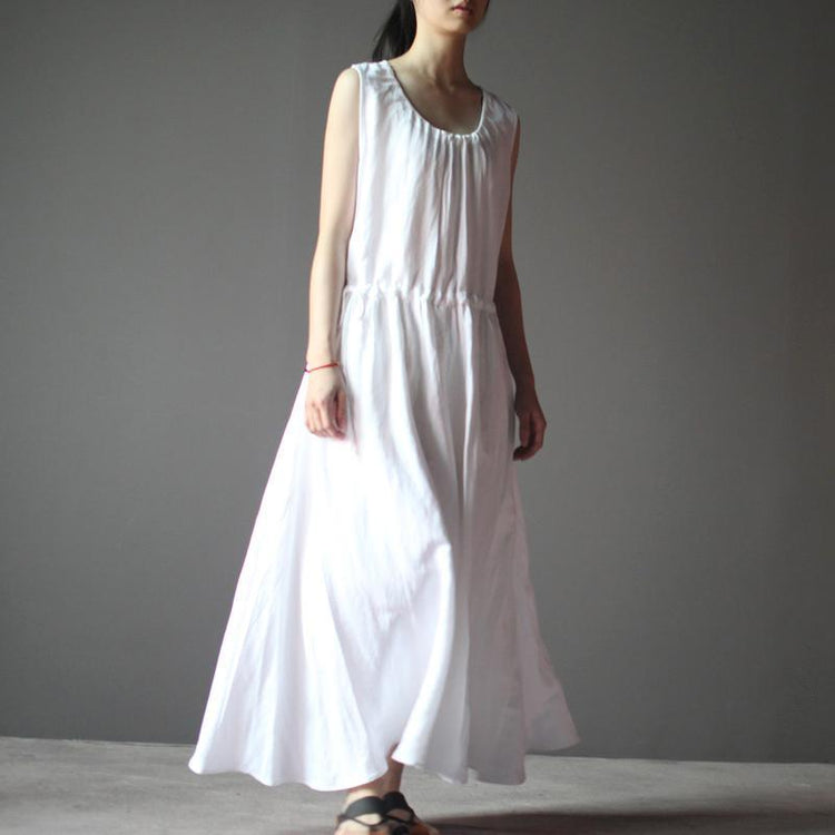 White summer linen dress sleeveless sundress casual maxi dress - Omychic