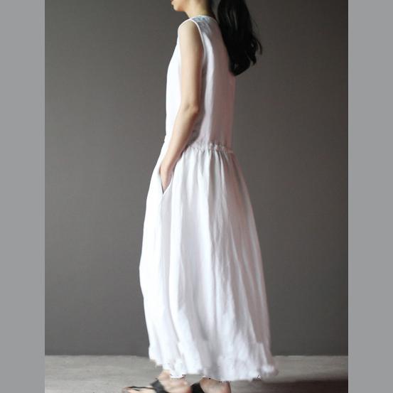 White summer linen dress sleeveless sundress casual maxi dress - Omychic