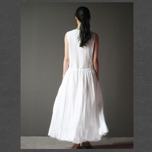White summer linen dress sleeveless sundress casual maxi dress - Omychic