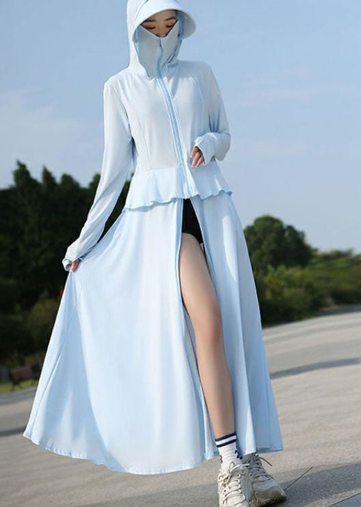Women Baby Blue Hooded Patchwork Ice Silk Long UPF 50+ Coat Summer