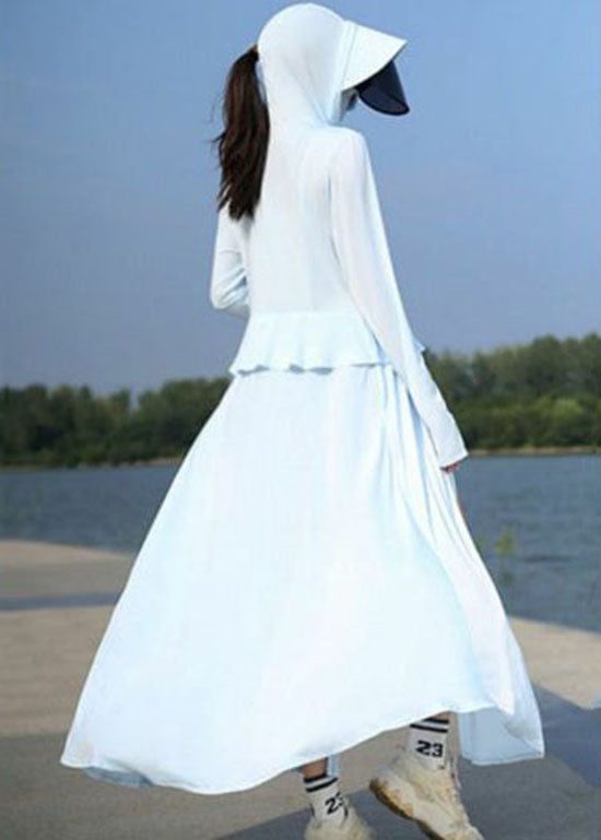 Women Baby Blue Hooded Patchwork Ice Silk Long UPF 50+ Coat Summer