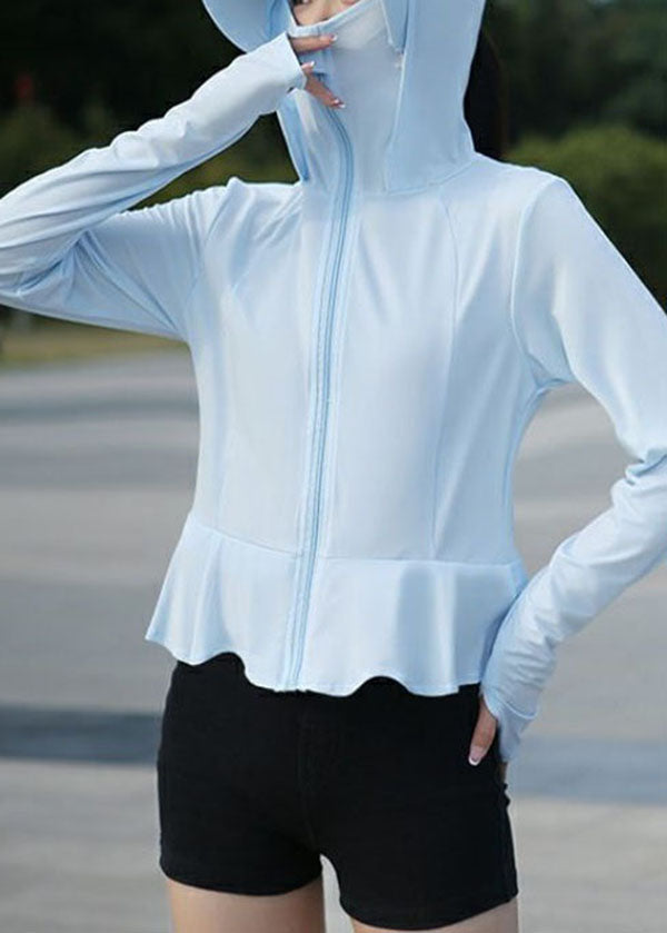 Women Baby Blue Hooded Patchwork Ice Silk Long UPF 50+ Coat Summer