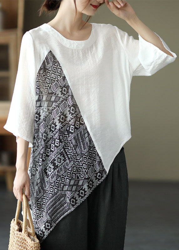 Women Black Asymmetrical Print Patchwork Cotton Blouses Summer