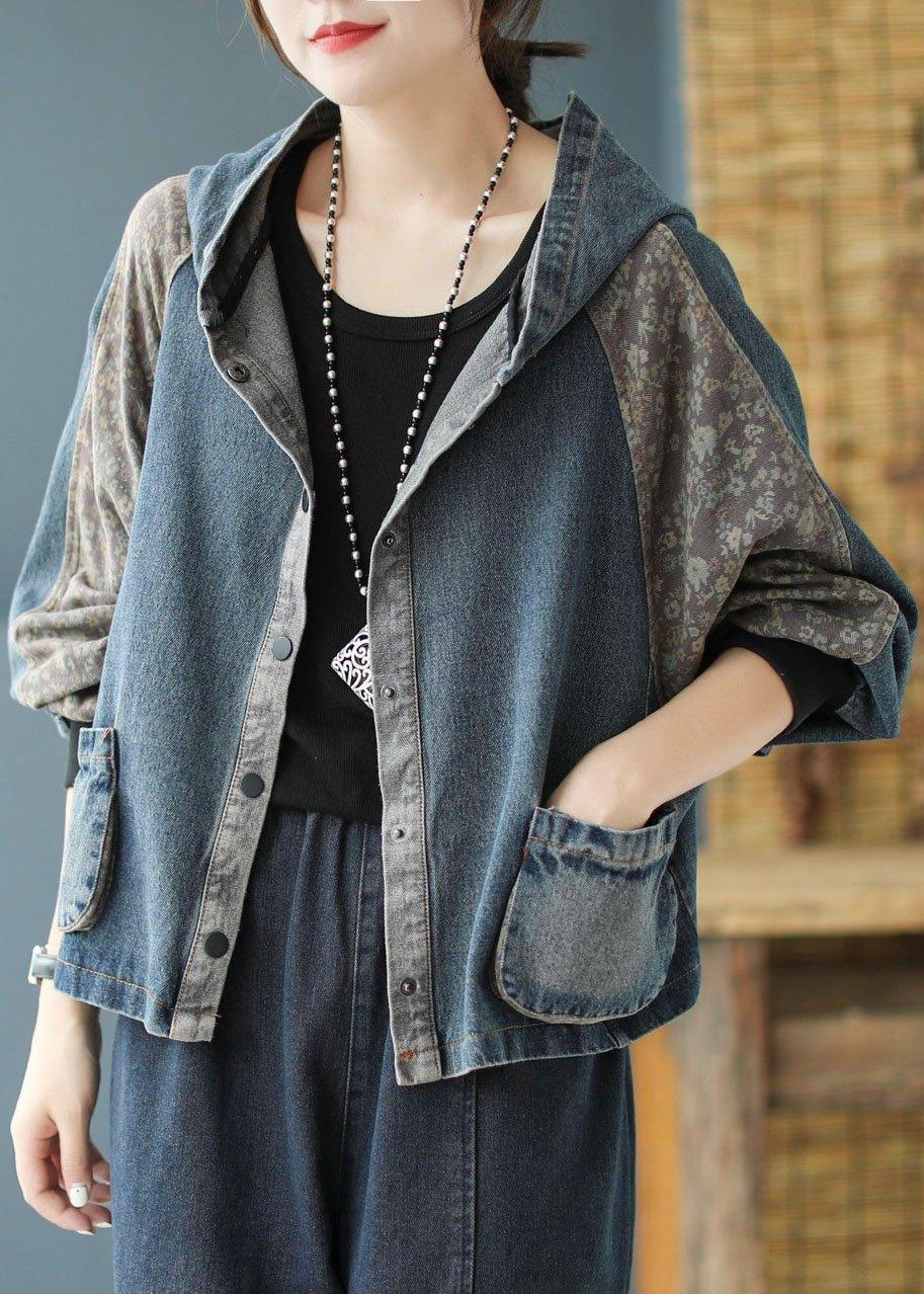 Women Black Print Patchwork Loose Fall Denim Hoodie Coat - Omychic