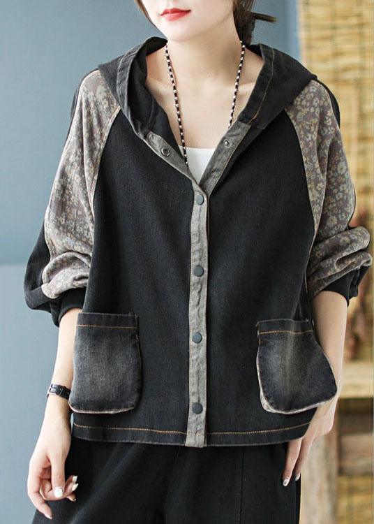 Women Black Print Patchwork Loose Fall Denim Hoodie Coat - Omychic