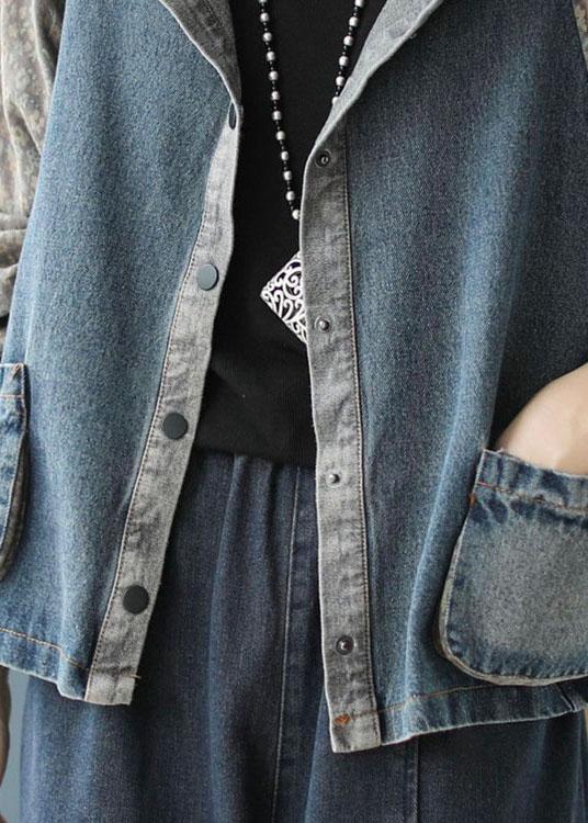 Women Black Print Patchwork Loose Fall Denim Hoodie Coat - Omychic