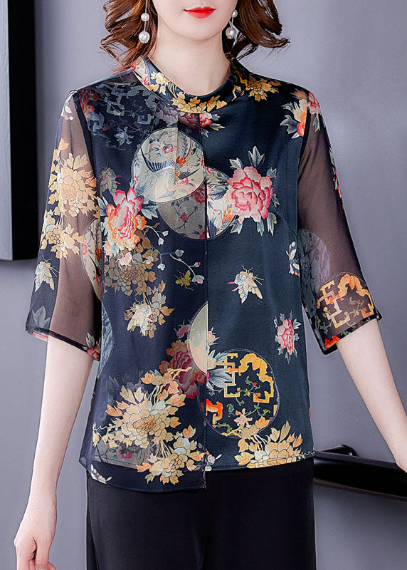 Women Black Stand Collar Button Print Tulle Patchwork Silk Shirt Top Half Sleeve