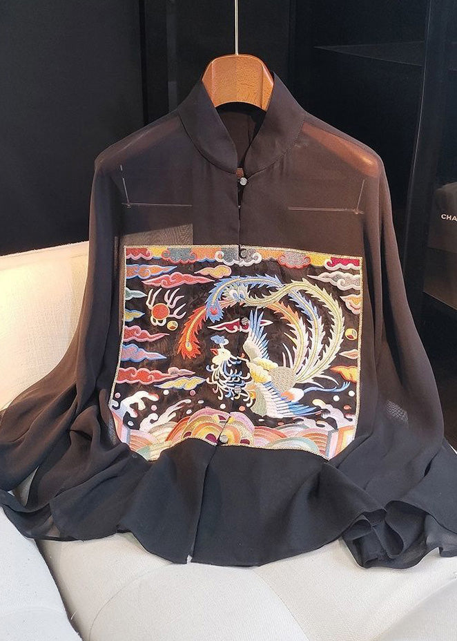 Women Black Stand Collar Embroideried Floral Silk Shirts Long Sleeve