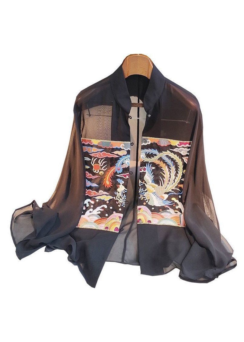 Women Black Stand Collar Embroideried Floral Silk Shirts Long Sleeve